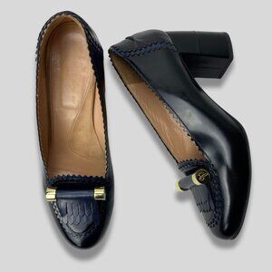 Robert Clergerie Navy Leather Block Heel Loafers with Gold Hardware